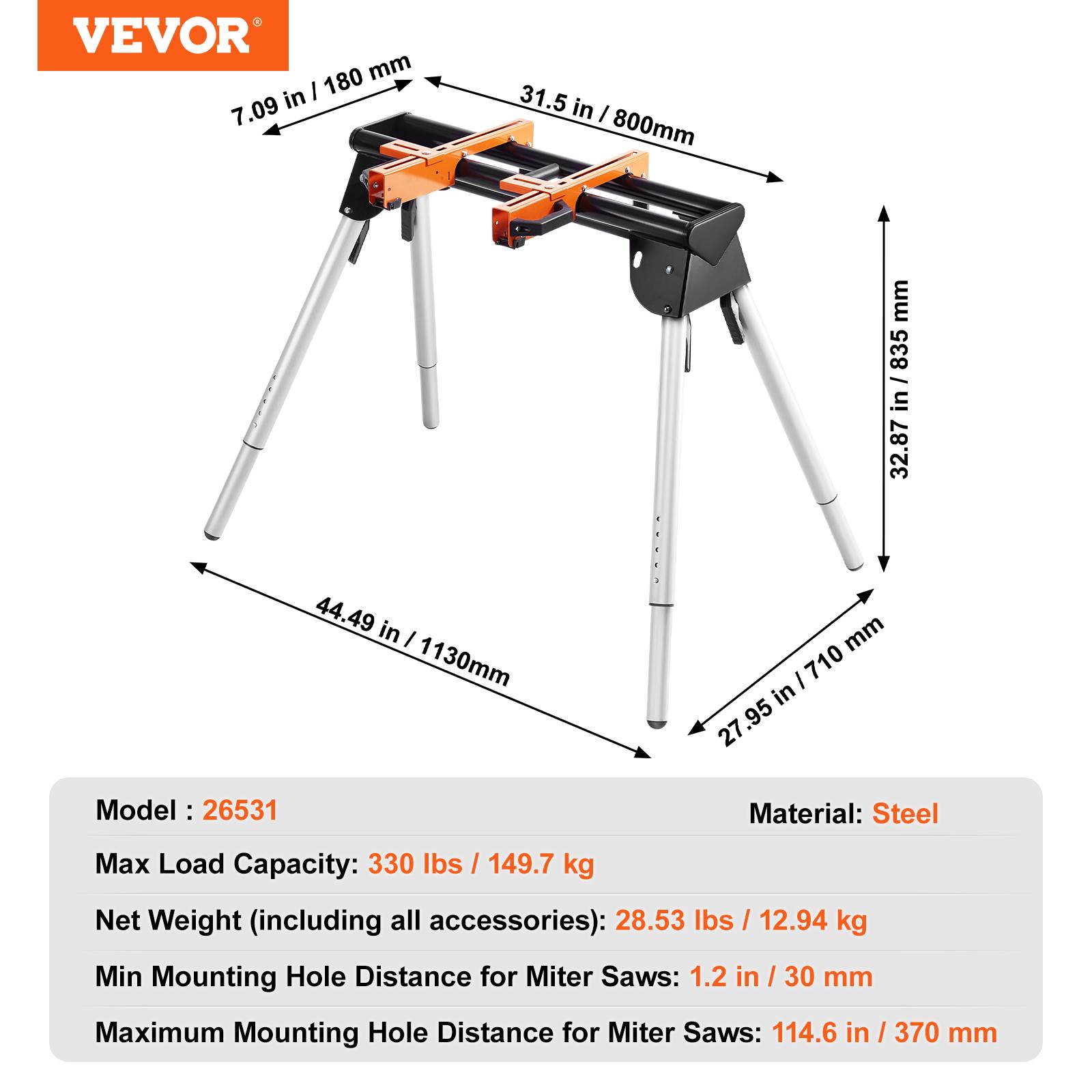 VEVOR Support scie onglet universel 149.5kg, pliable, acier, hauteur réglable. - Image 7