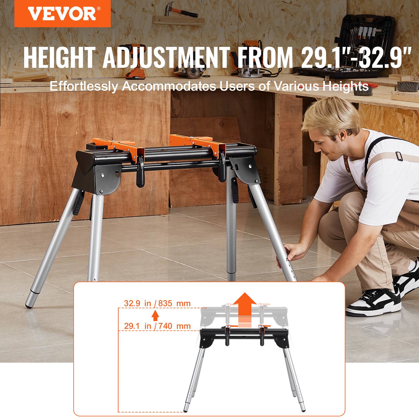 VEVOR Support scie onglet universel 149.5kg, pliable, acier, hauteur réglable. - Image 2