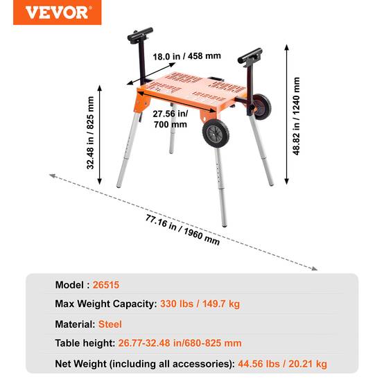 VEVOR Support scie onglet, plateau, roulettes, pliable, charge 149.7kg, hauteur réglable, chantier. - Image 7