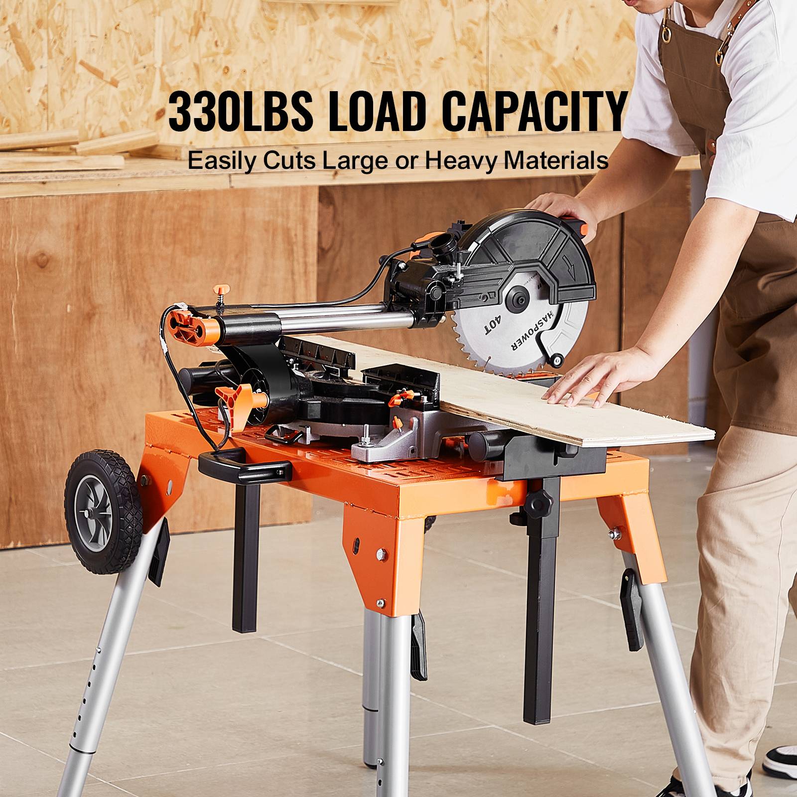 VEVOR Support scie onglet, plateau, roulettes, pliable, charge 149.7kg, hauteur réglable, chantier. - Image 6