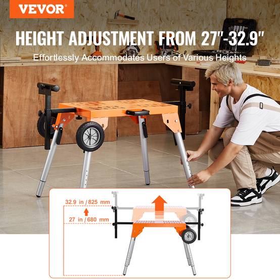 VEVOR Support scie onglet, plateau, roulettes, pliable, charge 149.7kg, hauteur réglable, chantier. - Image 2