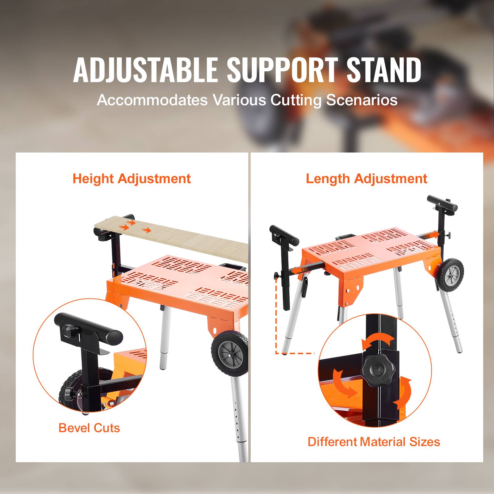 VEVOR Support scie onglet, plateau, roulettes, pliable, charge 149.7kg, hauteur réglable, chantier. - Image 5