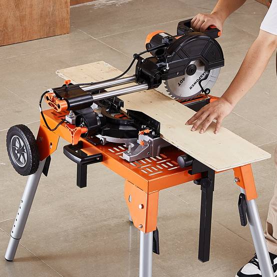 VEVOR Support scie onglet, plateau, roulettes, pliable, charge 149.7kg, hauteur réglable, chantier. - Image 8