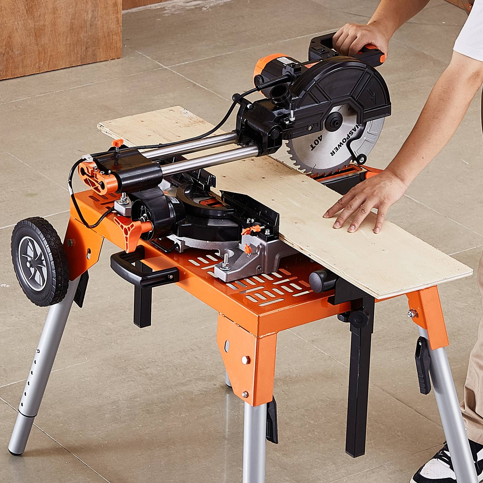 VEVOR Support scie onglet, plateau, roulettes, pliable, charge 149.7kg, hauteur réglable, chantier. - Image 8