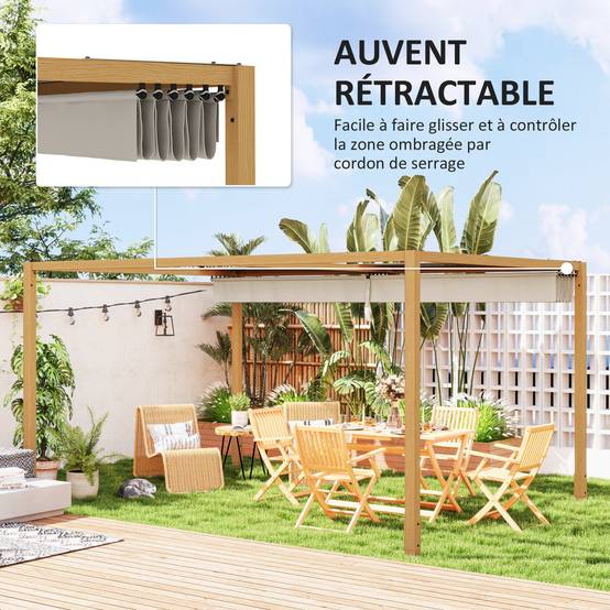 Pergola extérieure aluminium terrasse toit rétractable anti-UV 4x3m bois naturel - ComfortXL Outdoor Living - Image 6