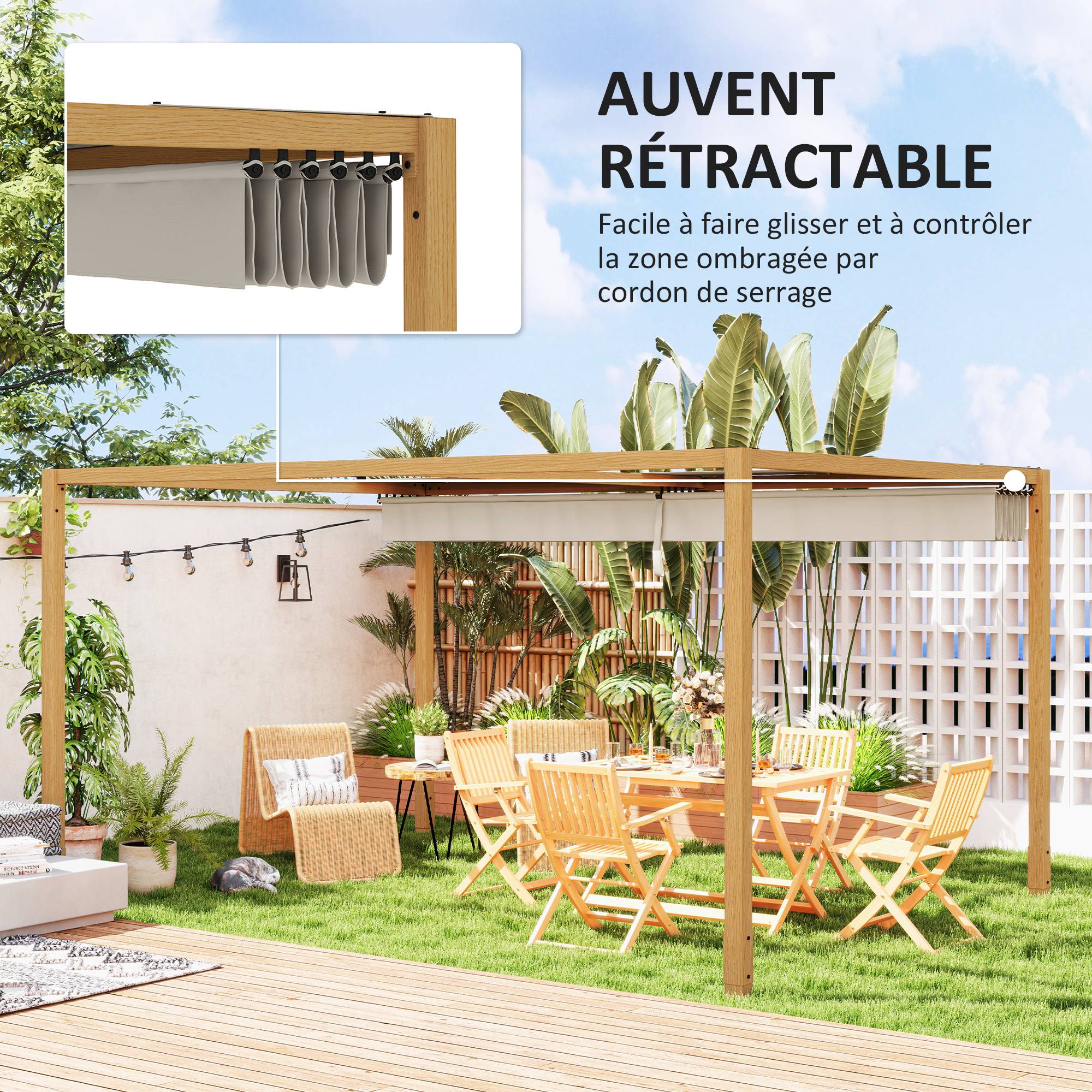 Pergola extérieure aluminium terrasse toit rétractable anti-UV 4x3m bois naturel - ComfortXL Outdoor Living - Image 6