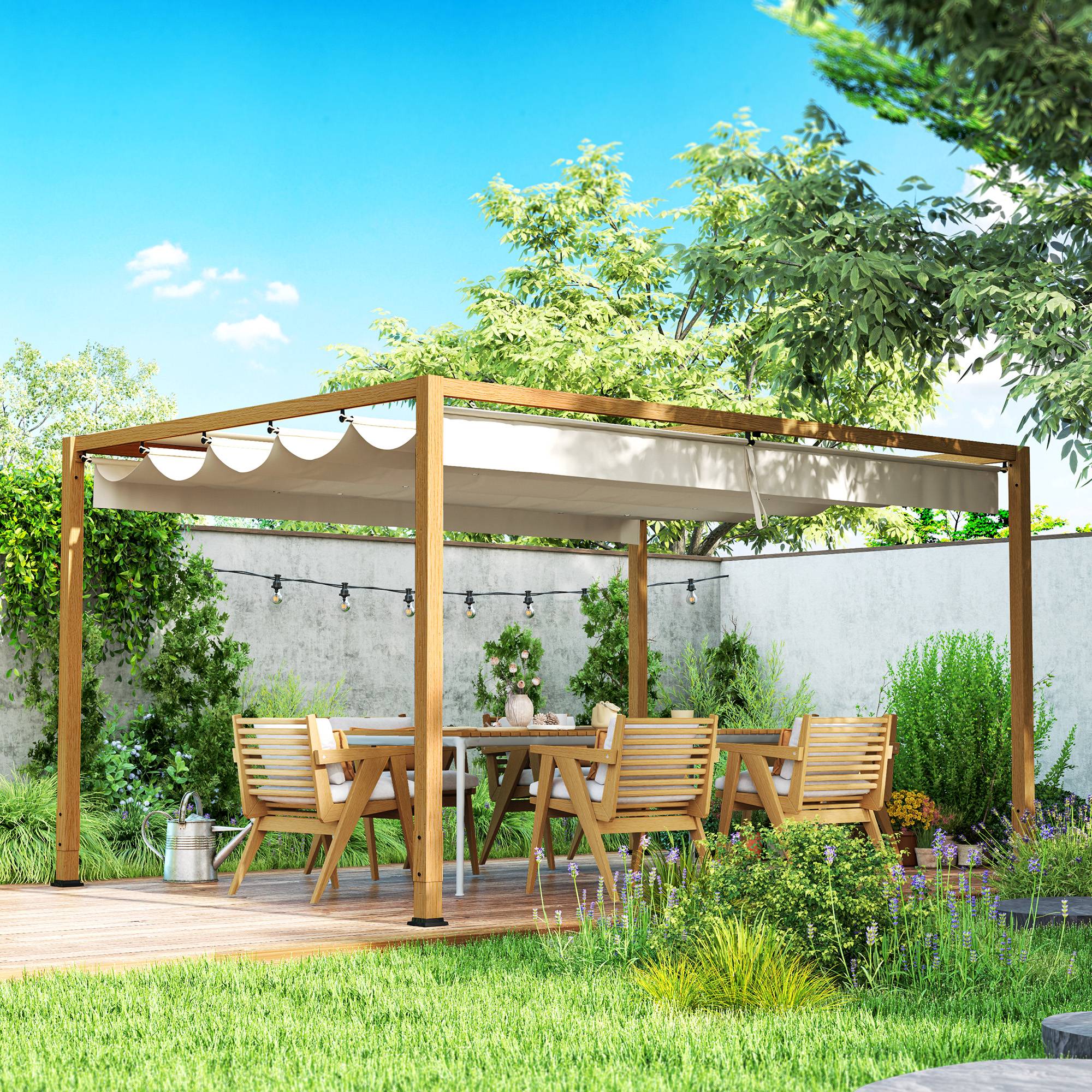 Pergola extérieure aluminium terrasse toit rétractable anti-UV 4x3m bois naturel - ComfortXL Outdoor Living - Image 3