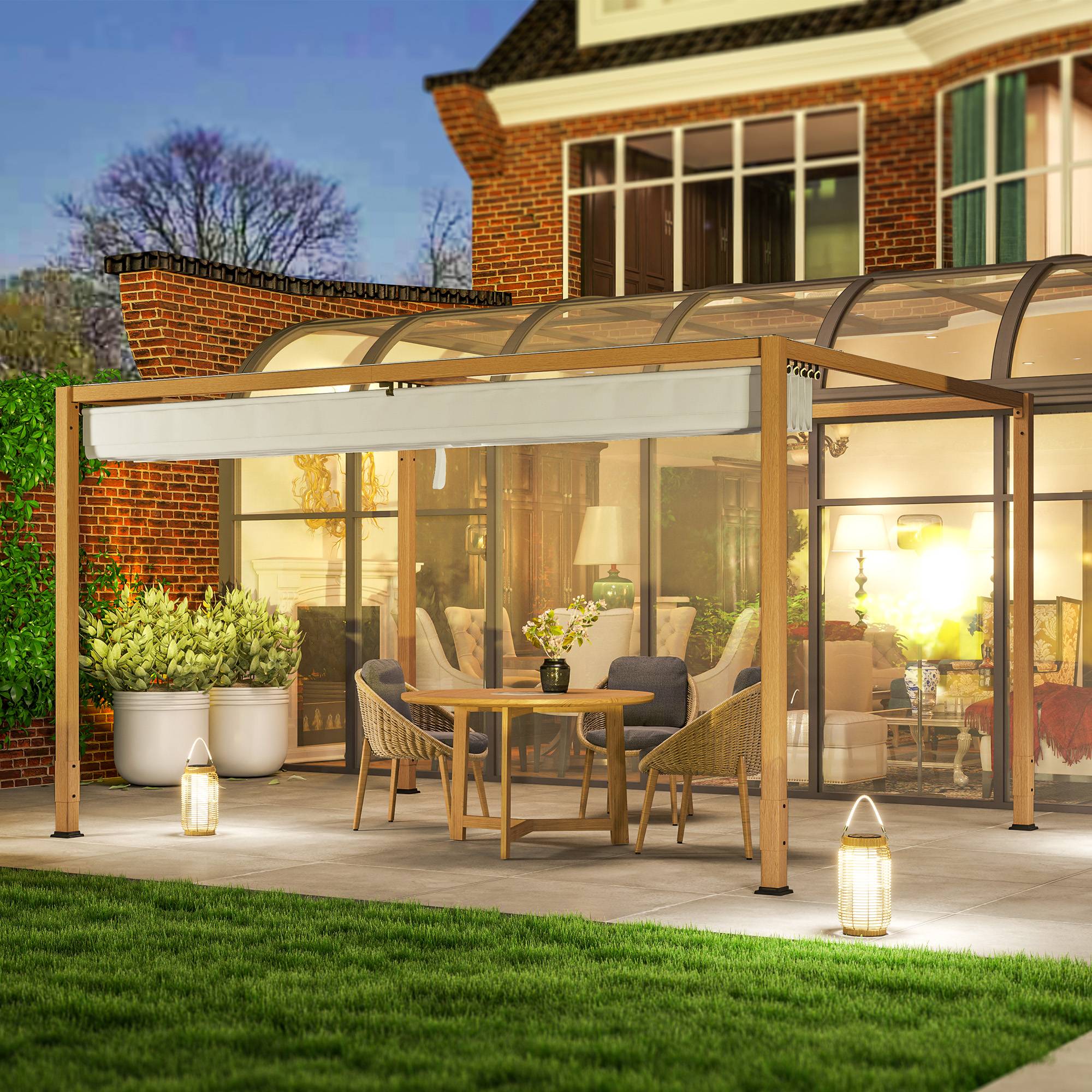 Pergola extérieure aluminium terrasse toit rétractable anti-UV 4x3m bois naturel - ComfortXL Outdoor Living - Image 4
