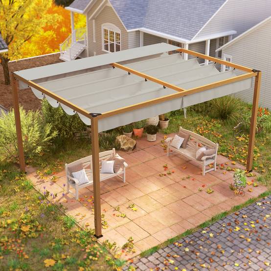 Pergola extérieure aluminium terrasse toit rétractable anti-UV 4x3m bois naturel - ComfortXL Outdoor Living - Image 10