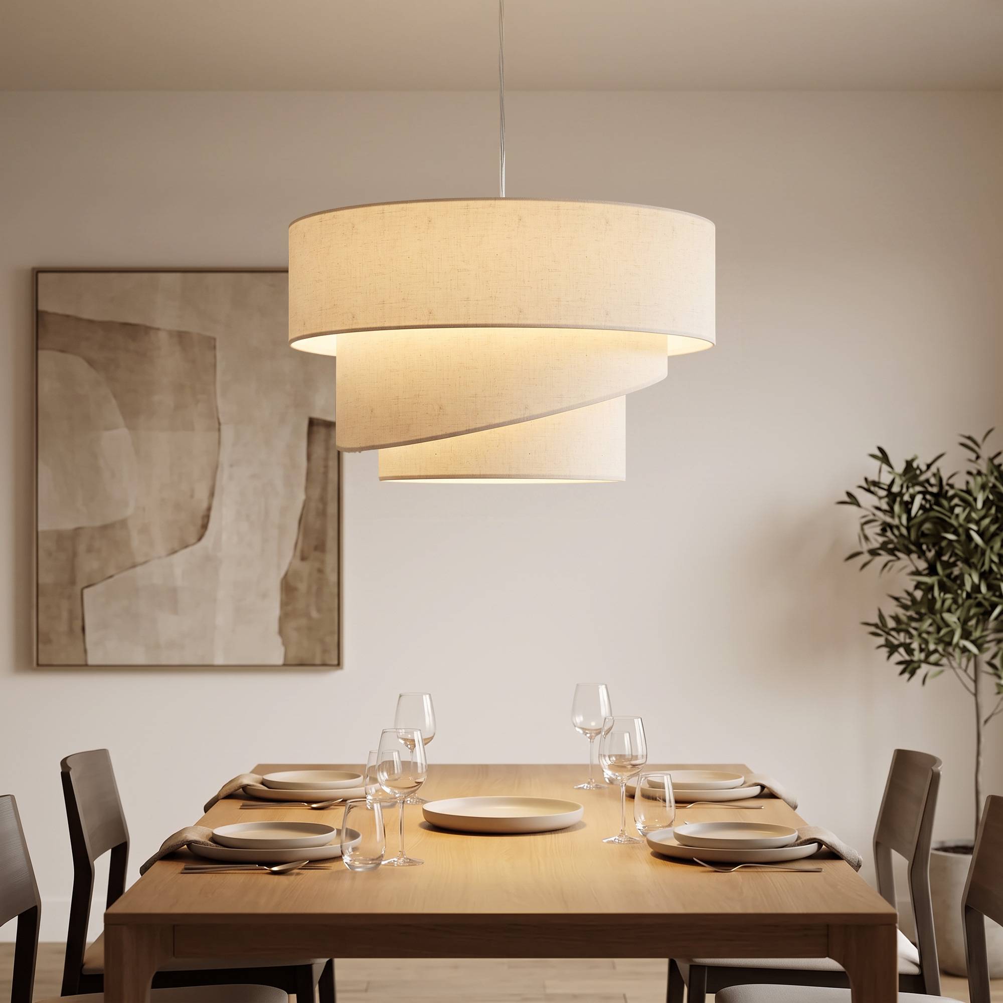 Sans Marque - Suspension 3 abat-jour lin plafonnier moderne hauteur réglable beige ampoules non incluses - Image 3