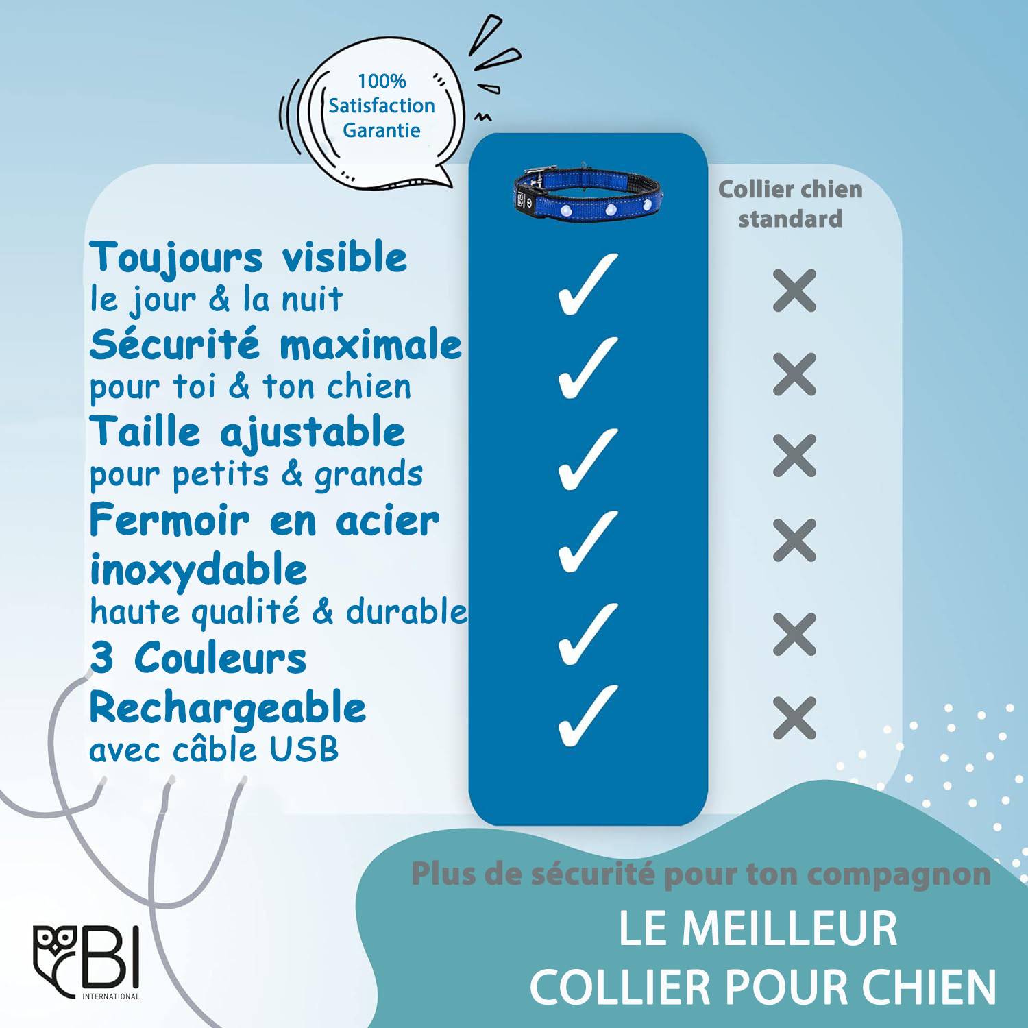 Bi International - Collier Lumineux pour Chien - Rechargeable par USB - Nylon renforcé - Haute Qualité, Stabilité & Sécurité (noir, S) - BI International - Imagen 6