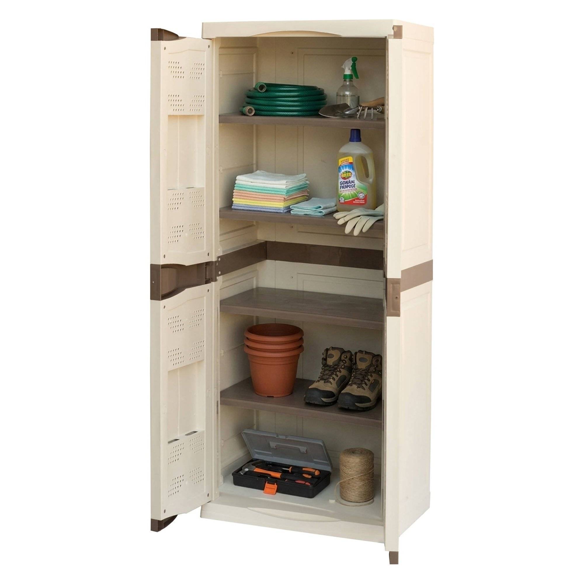 Dmora - Armoire d'extérieur Marchin, Armoire de balcon polyvalente, Armoire d'extérieur 2 portes, Beige et Marron, Finition élégante, 70x47h179 cm - Dmora - Imagen 1