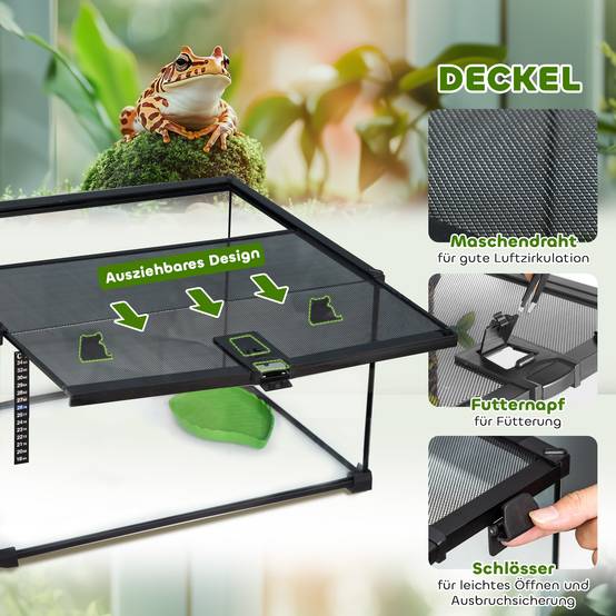 Boîte à reptiles, terrarium, thermomètre à bande, trappes d'alimentation, 50x30x25 cm, verre et métal, noir - Image 7
