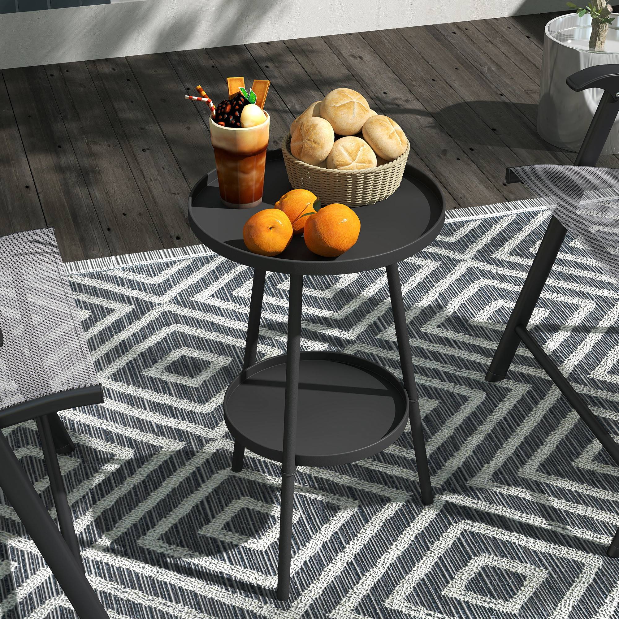 Table de jardin ronde 2 niveaux avec bords surélevés et plateau inférieur, extérieur intérieur Ø32x51 cm noir - Image 3