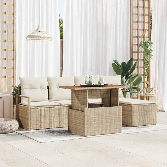 Mobilier de Jardin 6 Éléments en Résine Tressée avec Rangement et Pouf Beige – ComfortXL Outdoor Living - Image 1