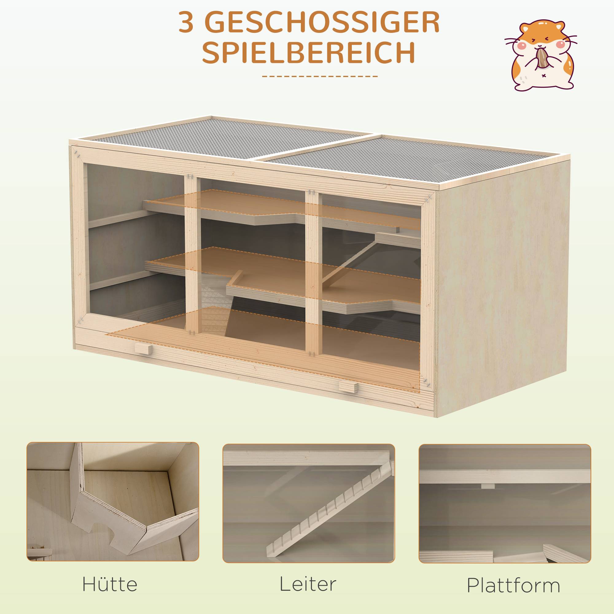 Cage hamster bois 3 étages, bac lavable, couvercle rabattable, escalier, hamster nain, 115x57x55cm, bois naturel - Image 6