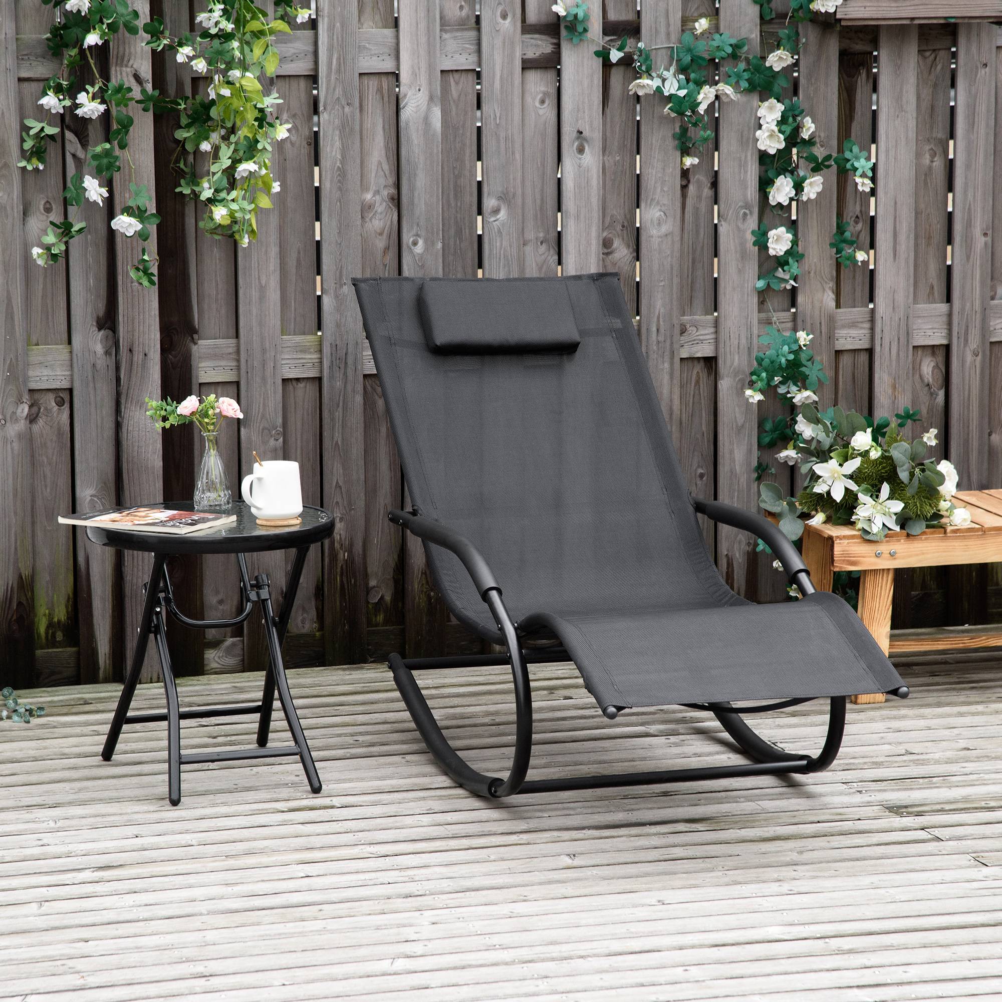 Outsunny - Chaise longue à bascule - rocking chair design - tétière, accoudoirs, assise dossier ergonomique - métal époxy textilène noir - Outsunny - Imagen 2