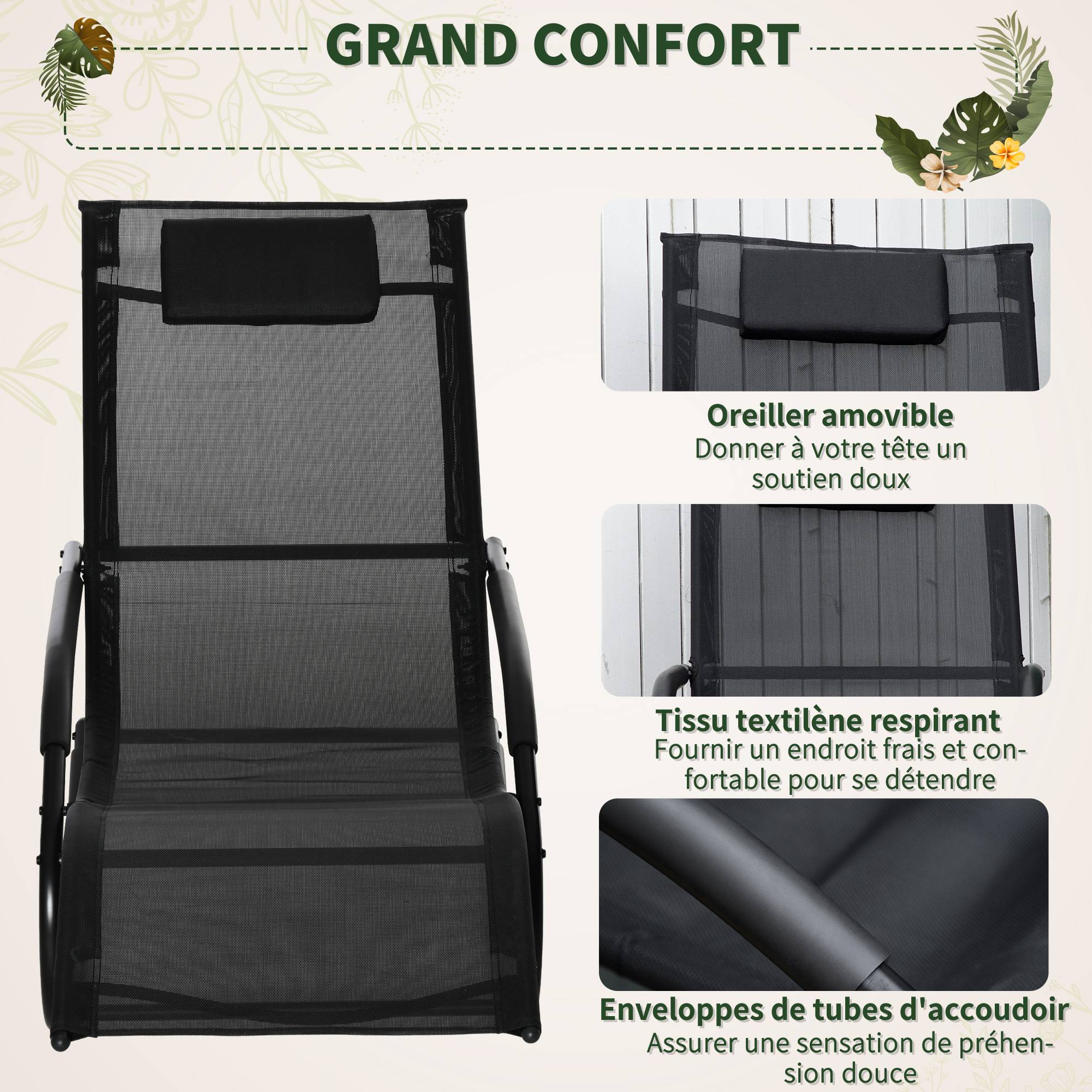 Outsunny - Chaise longue à bascule - rocking chair design - tétière, accoudoirs, assise dossier ergonomique - métal époxy textilène noir - Outsunny - Imagen 5
