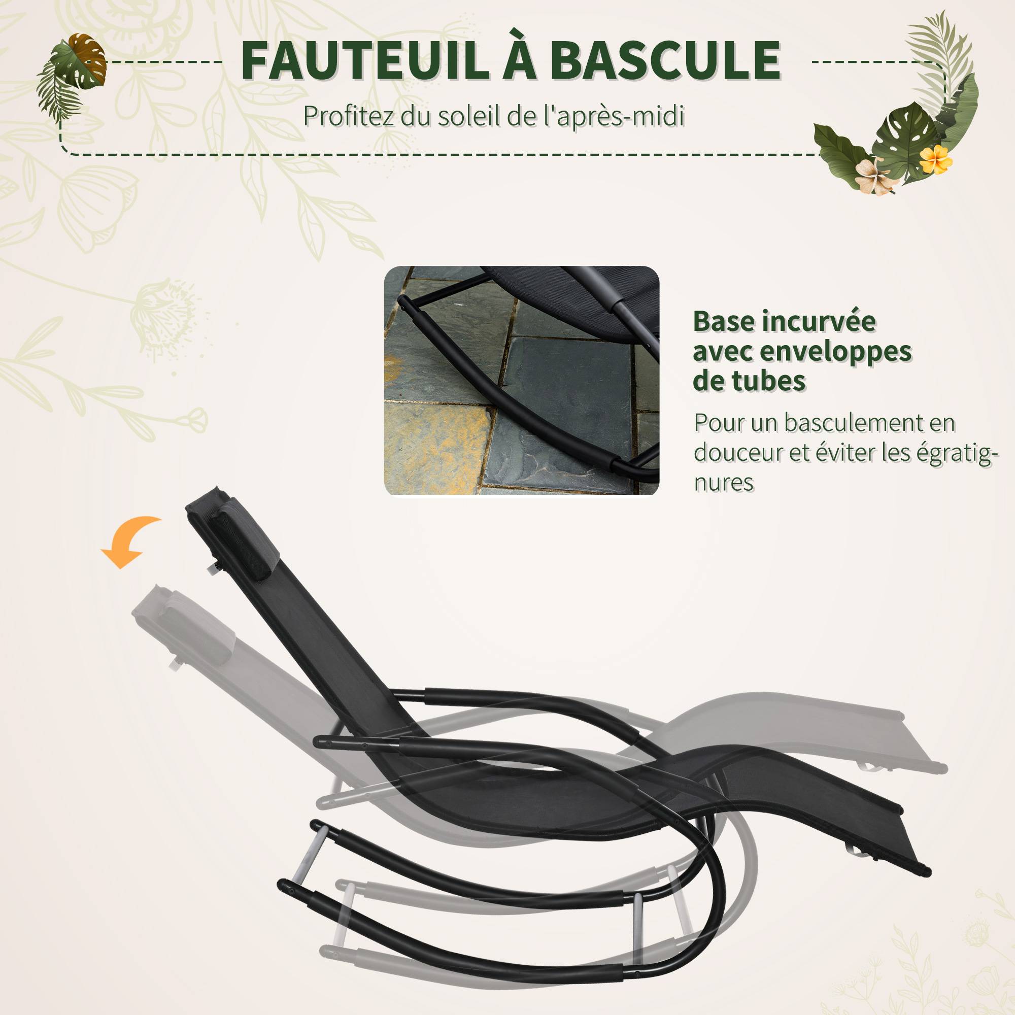 Outsunny - Chaise longue à bascule - rocking chair design - tétière, accoudoirs, assise dossier ergonomique - métal époxy textilène noir - Outsunny - Imagen 4
