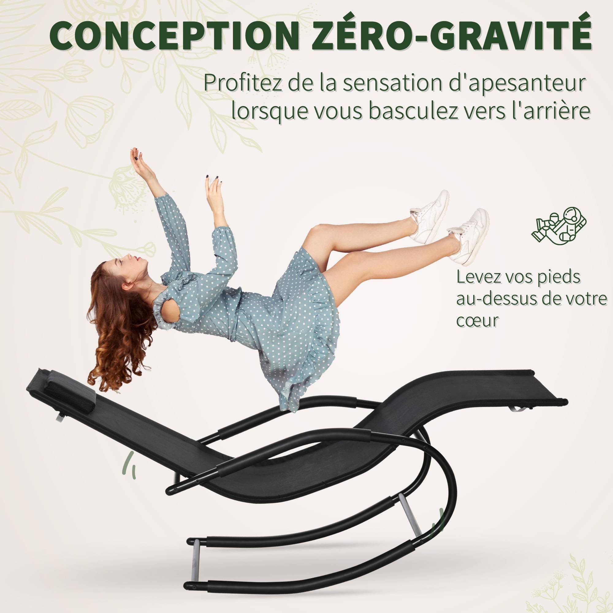 Outsunny - Chaise longue à bascule - rocking chair design - tétière, accoudoirs, assise dossier ergonomique - métal époxy textilène noir - Outsunny - Imagen 6
