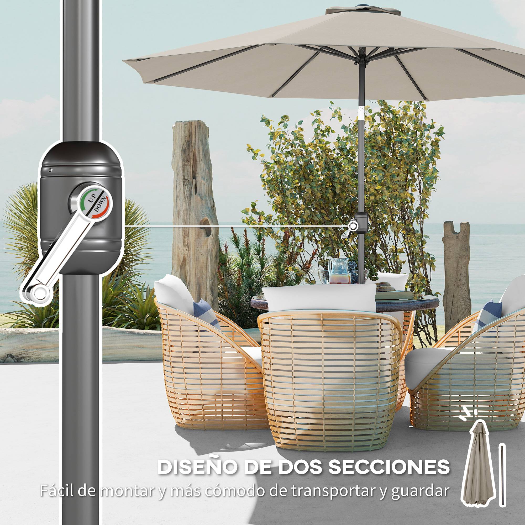 Parasol jardin Ø295x250 cm, manivelle, inclinable, mât métallique amovible, terrasse piscine patio, gris clair - Image 8