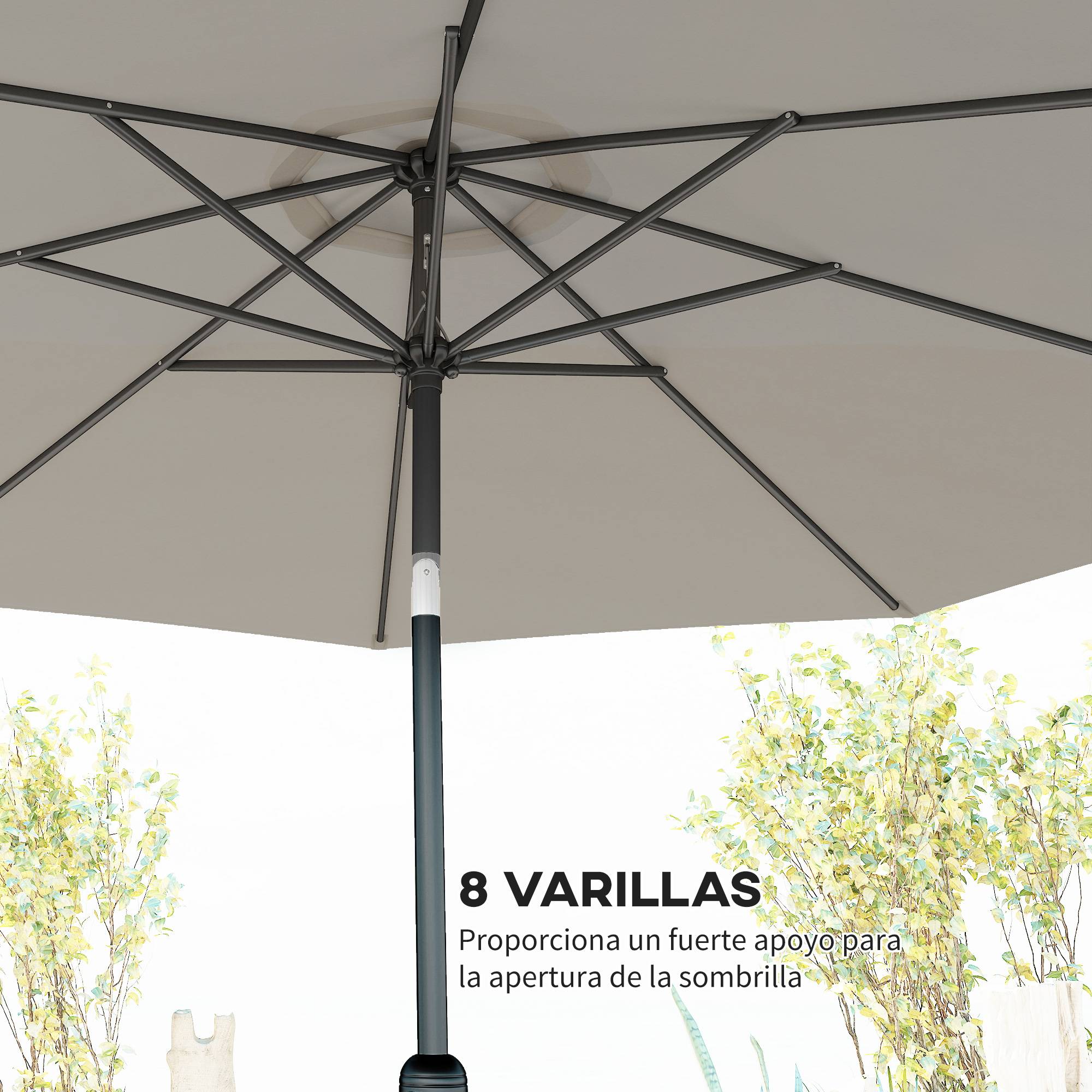 Parasol jardin Ø295x250 cm, manivelle, inclinable, mât métallique amovible, terrasse piscine patio, gris clair - Image 9