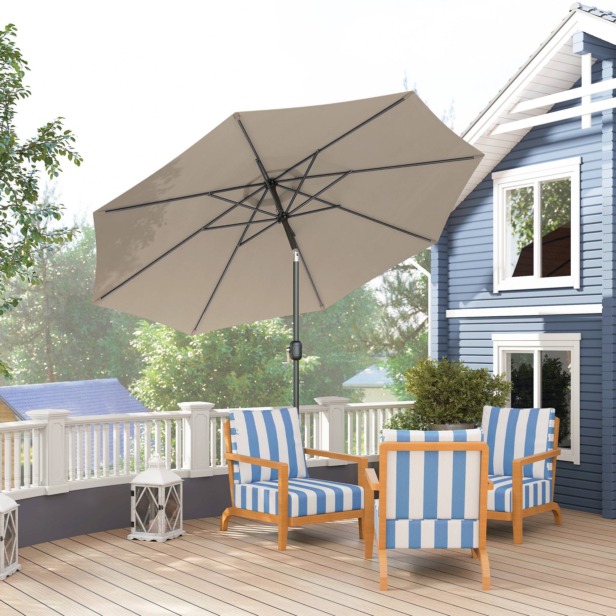 Parasol jardin Ø295x250 cm, manivelle, inclinable, mât métallique amovible, terrasse piscine patio, gris clair - Image 4