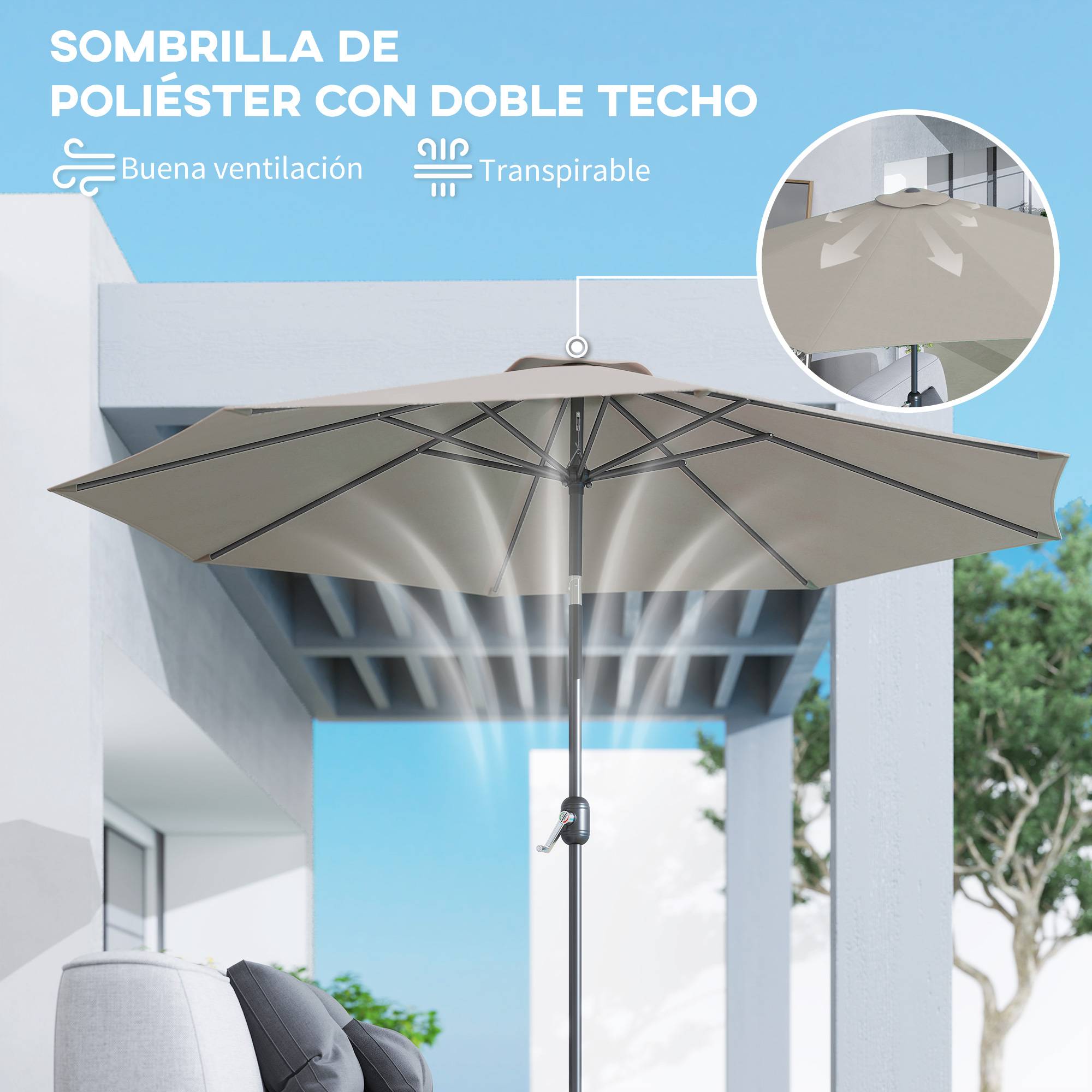 Parasol jardin Ø295x250 cm, manivelle, inclinable, mât métallique amovible, terrasse piscine patio, gris clair - Image 10