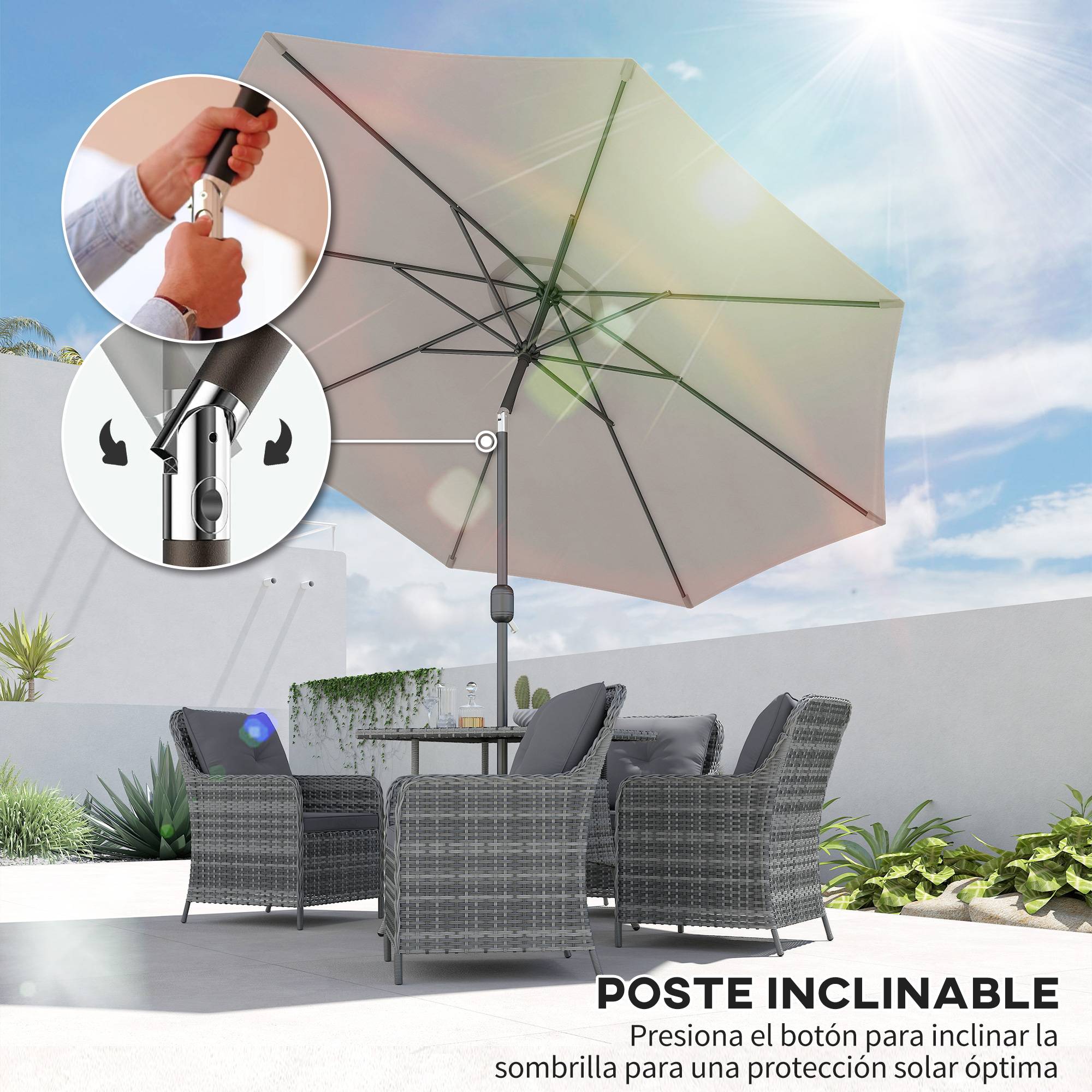 Parasol jardin Ø295x250 cm, manivelle, inclinable, mât métallique amovible, terrasse piscine patio, gris clair - Image 6