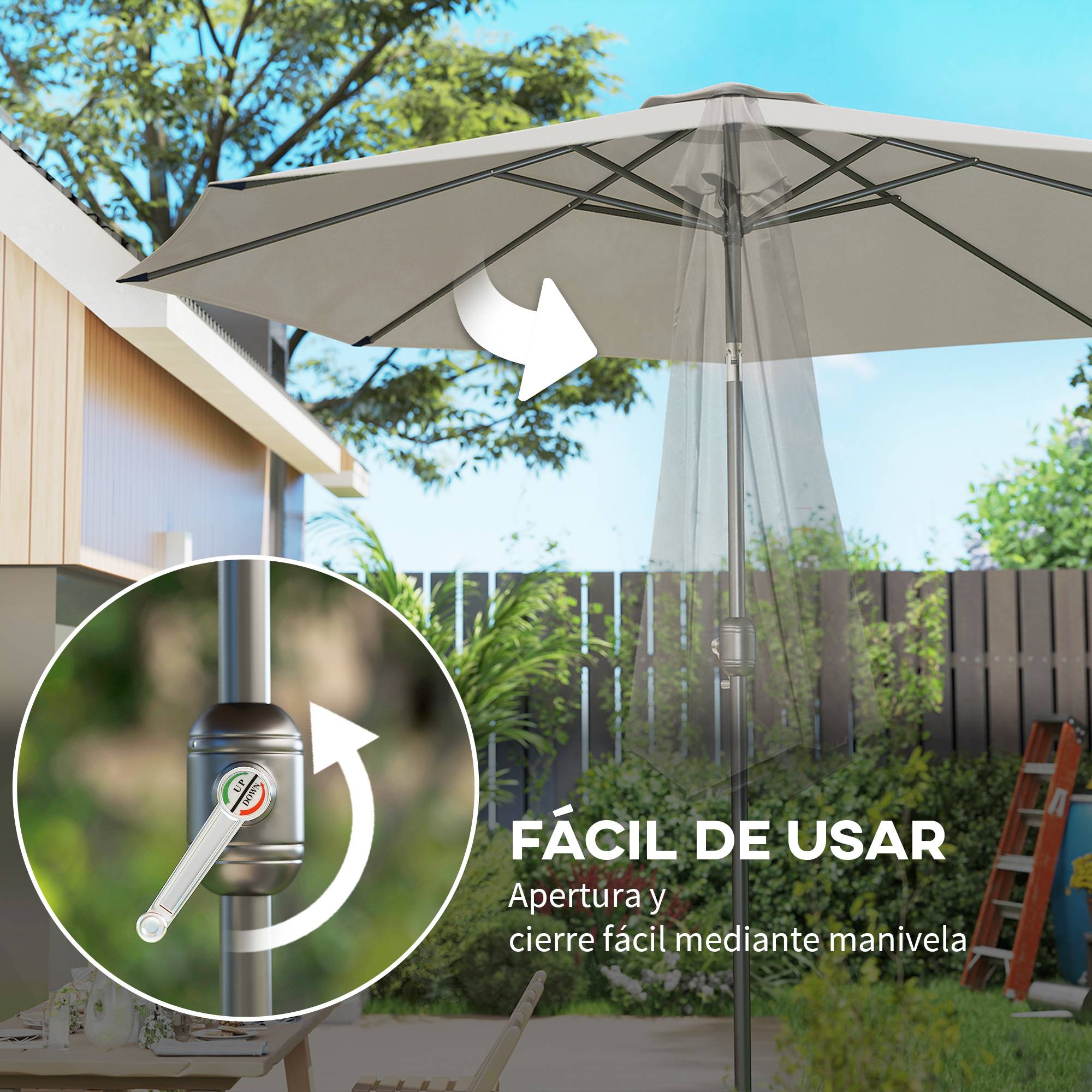 Parasol jardin Ø295x250 cm, manivelle, inclinable, mât métallique amovible, terrasse piscine patio, gris clair - Image 7
