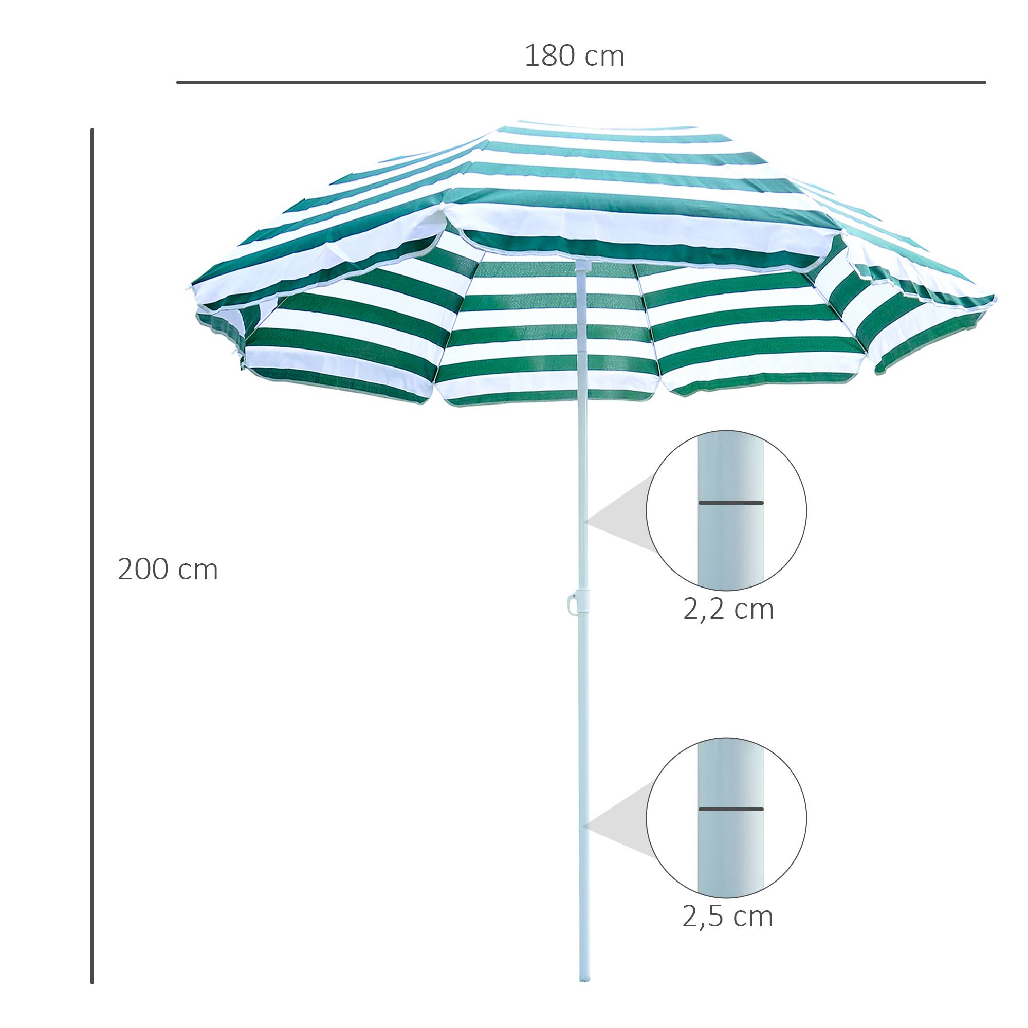 Parasol de plage parasol inclinable octogonal Ø 180 cm - 180x180x200cm polyester vert&blanc fr172 - Image 5