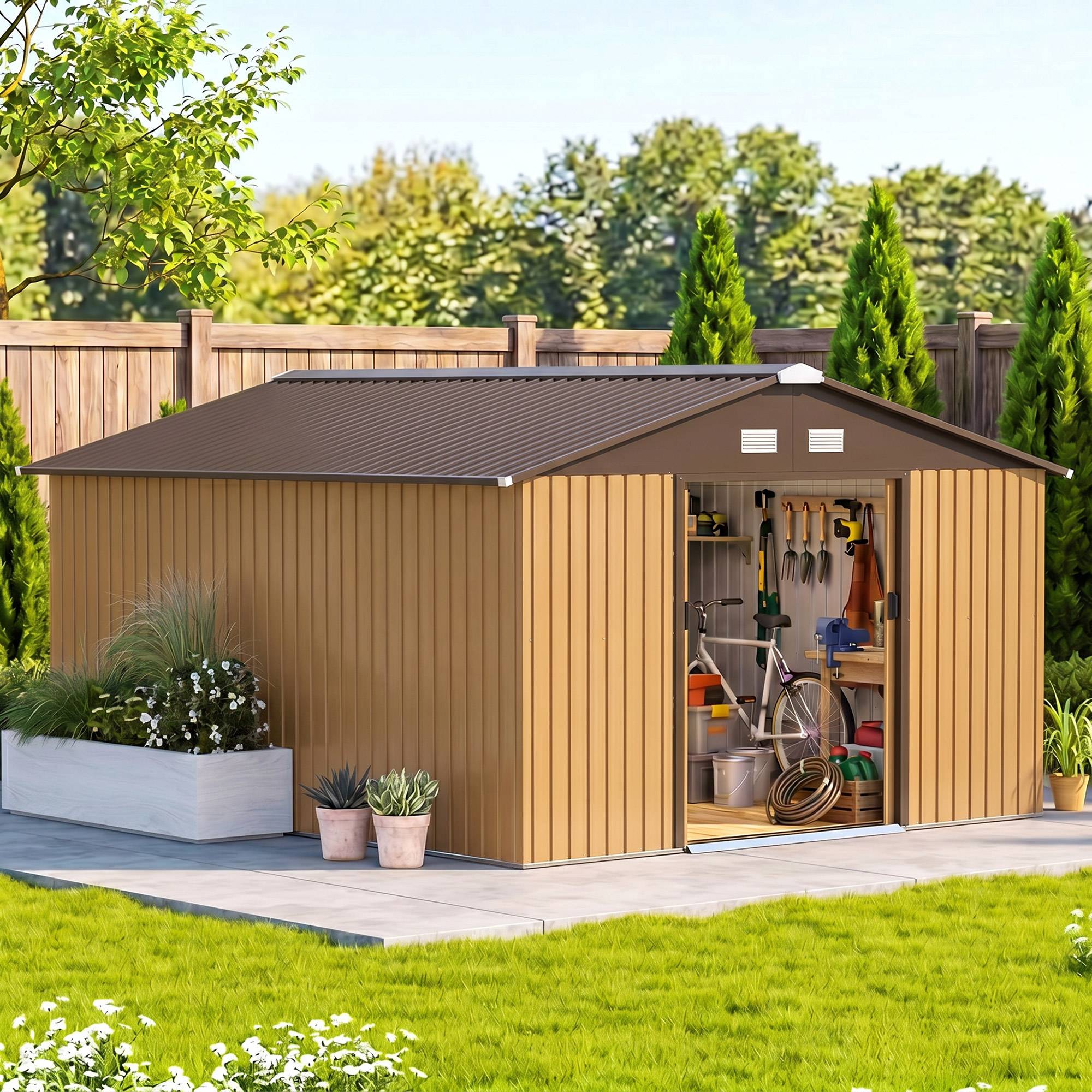 Abri de jardin étanche pour outils de jardin, avec fenêtres d'aération, portes coulissantes, en acier, jaune - Image 4