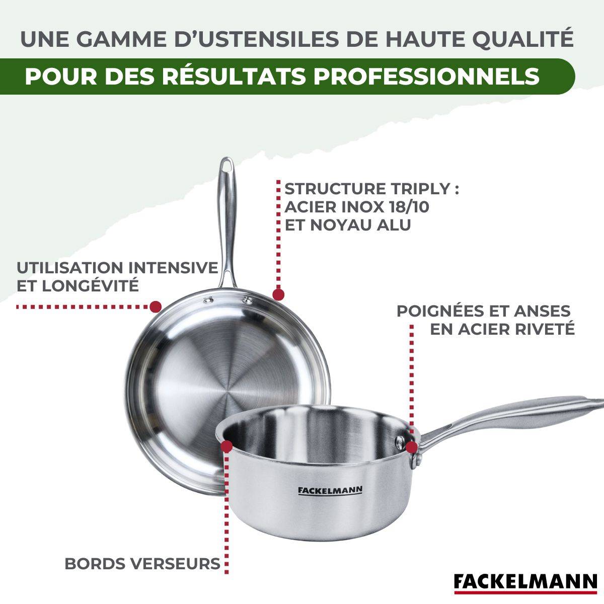 Batterie de cuisine avec 1 poêle de cuisson 26 cm et 2 casseroles 14/18 cm en inox sans PFAS Fackelmann Vita3 - Image 7