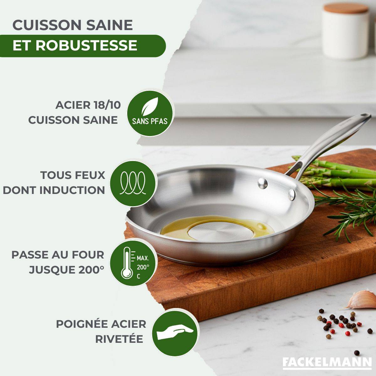 Batterie de cuisine avec 1 poêle de cuisson 26 cm et 2 casseroles 14/18 cm en inox sans PFAS Fackelmann Vita3 - Image 3