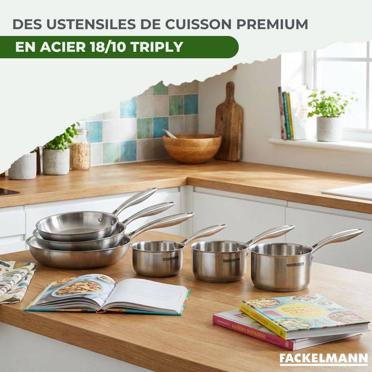 Batterie de cuisine avec 1 poêle de cuisson 26 cm et 2 casseroles 14/18 cm en inox sans PFAS Fackelmann Vita3 - Image 4