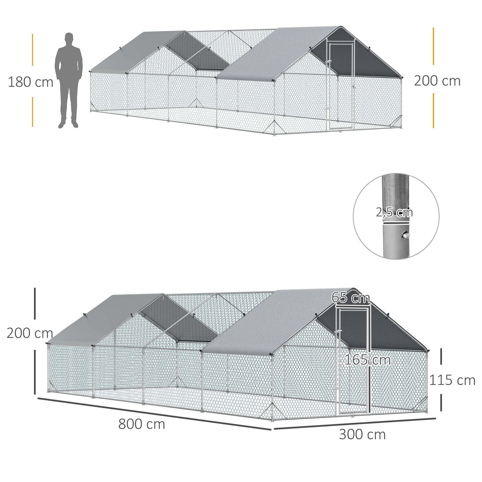 Enclos poulailler volière extérieure 24m² grillagé 3x8x2m, espace couvert, acier galvanisé - Image 5