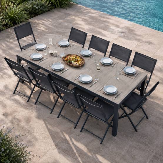 Ensemble table de jardin 200 cm en aluminium et 10 chaises pliantes LAGOS - Image 6