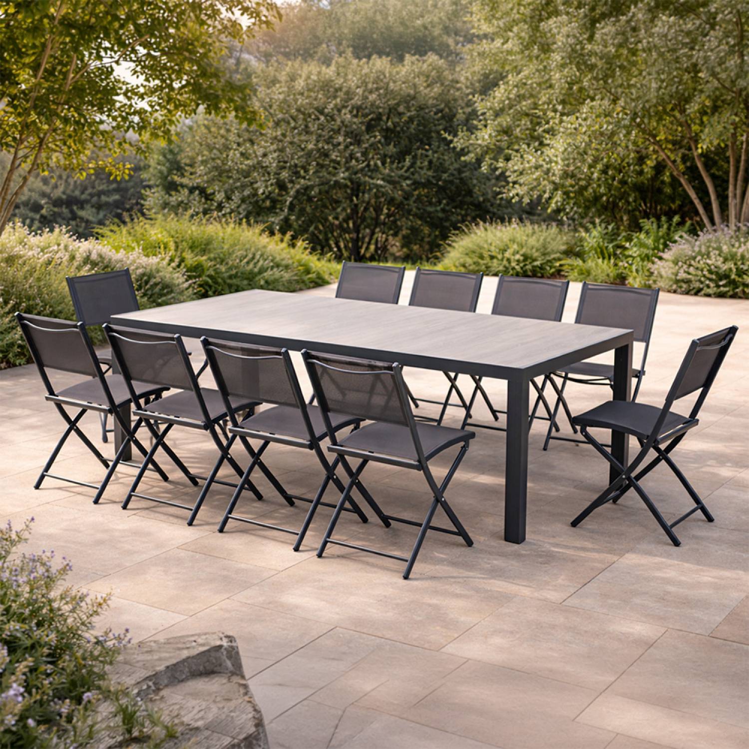 Ensemble table de jardin 200 cm en aluminium et 10 chaises pliantes LAGOS - Image 2