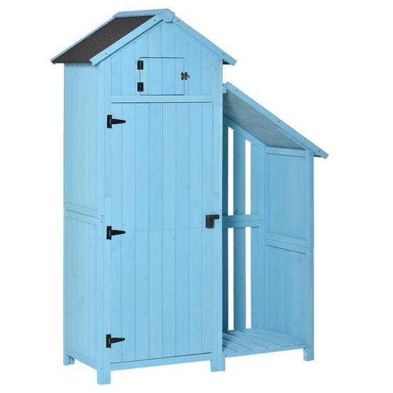 Abri jardin avec local à bois, 3 étagères, toit asphalte, sapin, bleu ciel, 130x54,5x180 cm - Image 2