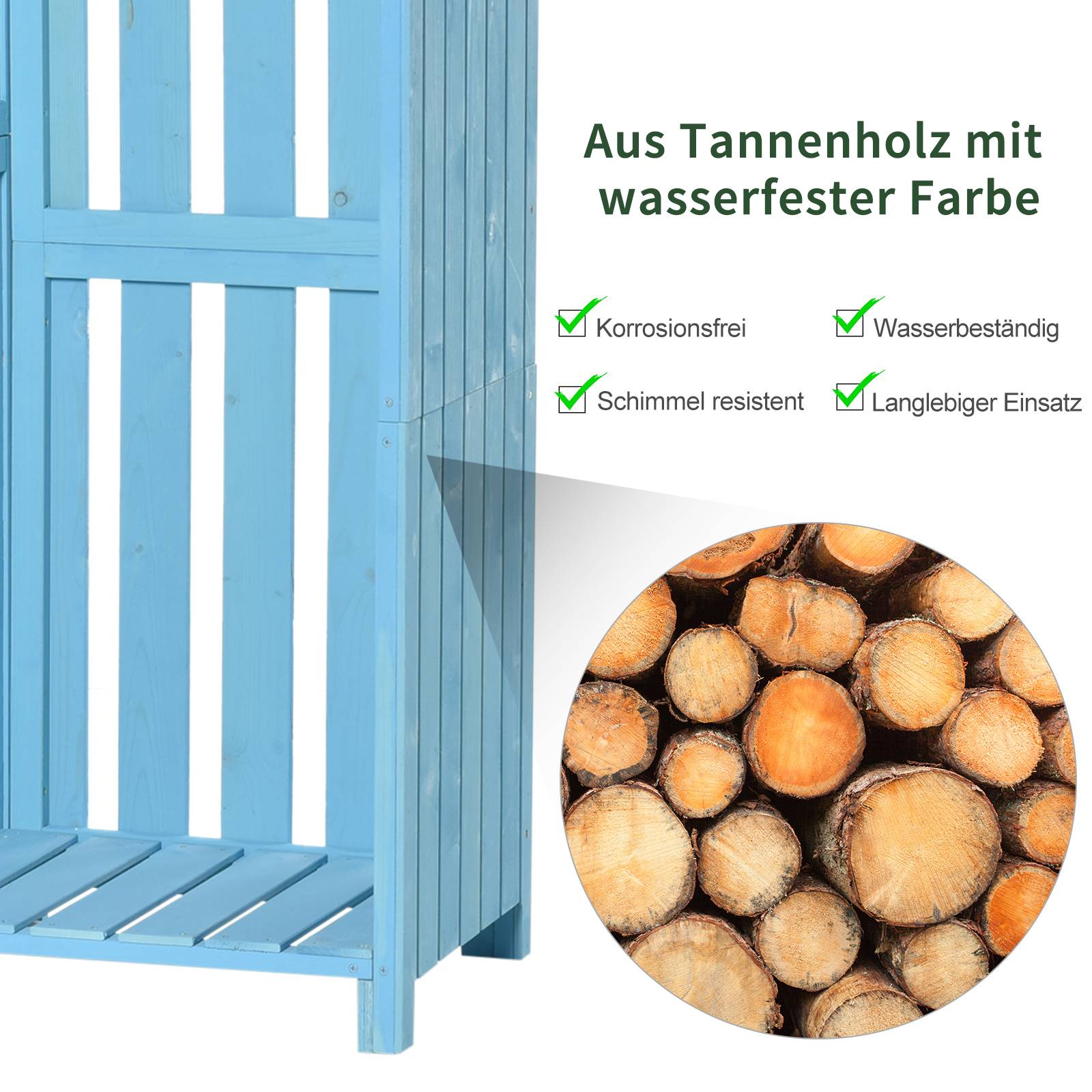 Abri jardin avec local à bois, 3 étagères, toit asphalte, sapin, bleu ciel, 130x54,5x180 cm - Image 8