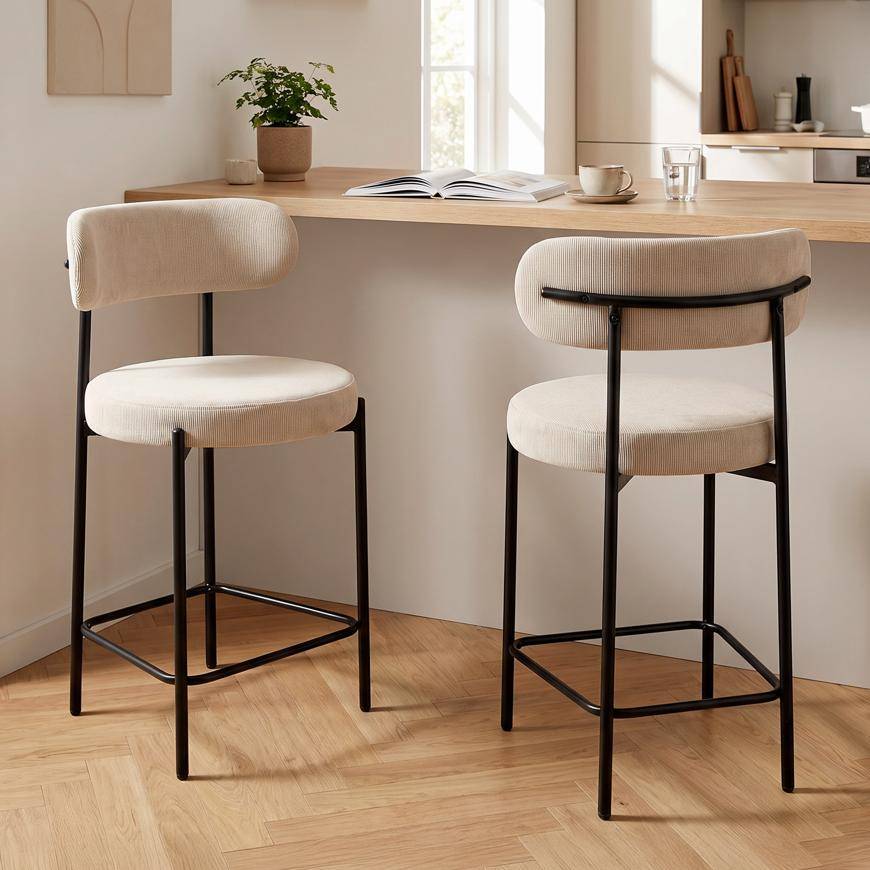 Sicaan Lot de 2 tabourets de bar H65 cm rembourrés velours côtelé beige et pieds métal noir IRIS