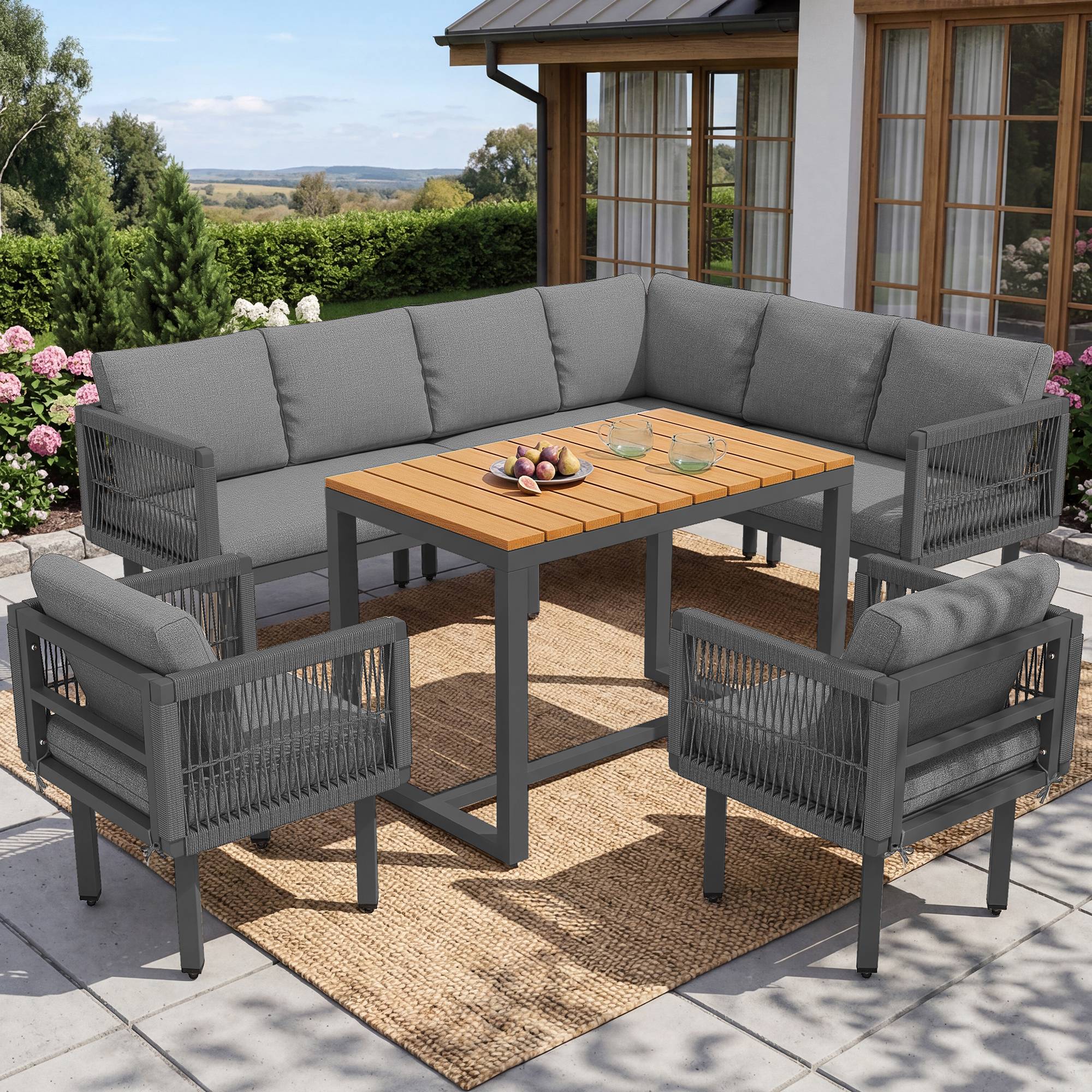 ComfortXL - Salon de jardin d’angle 6 pièces acier bois composite terrasse coussins gris - ComfortXL Outdoor Living
