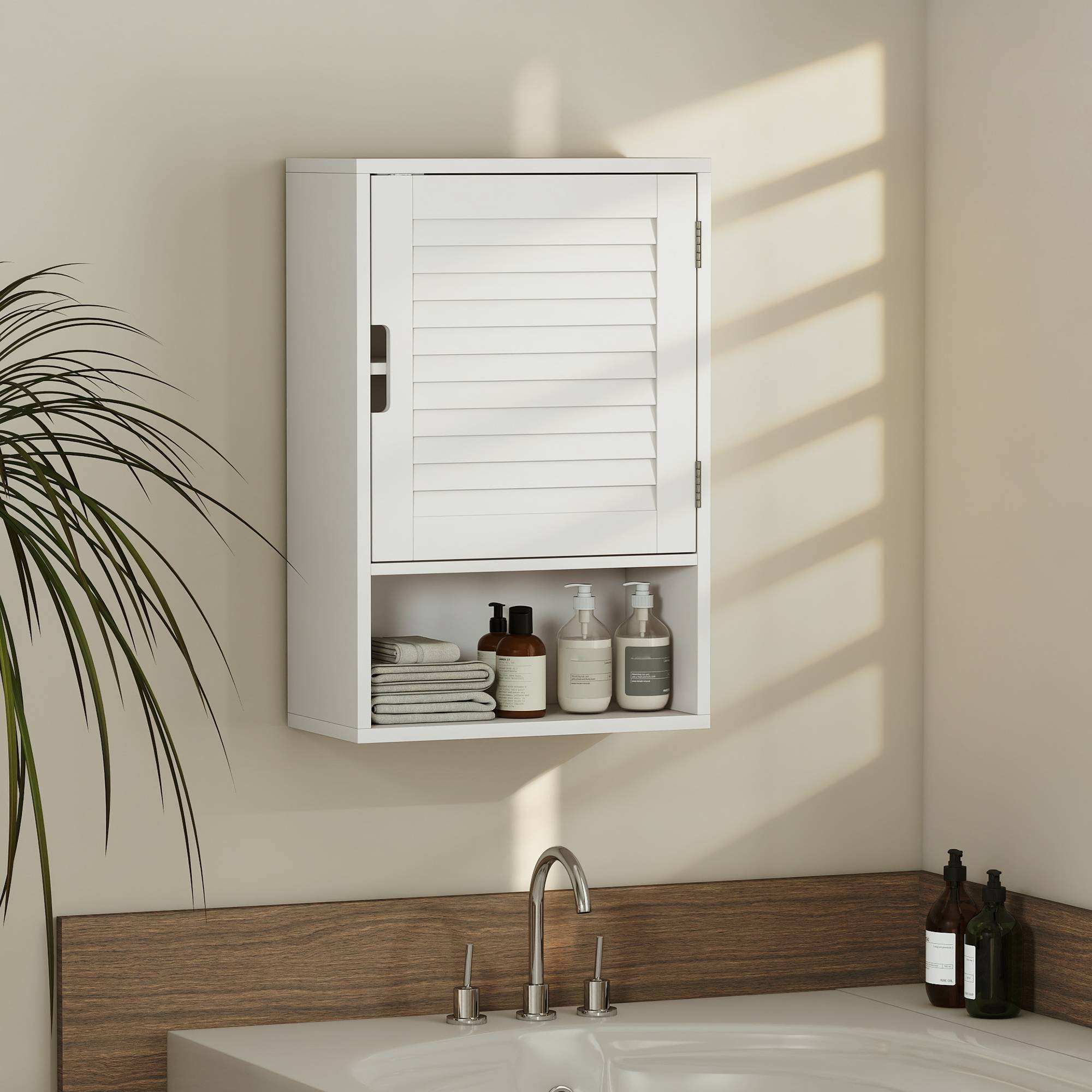 Sans Marque - Armoire murale salle bain porte lattes étagère réglable compartiment ouvert 40x20x60cm blanc - Image 4