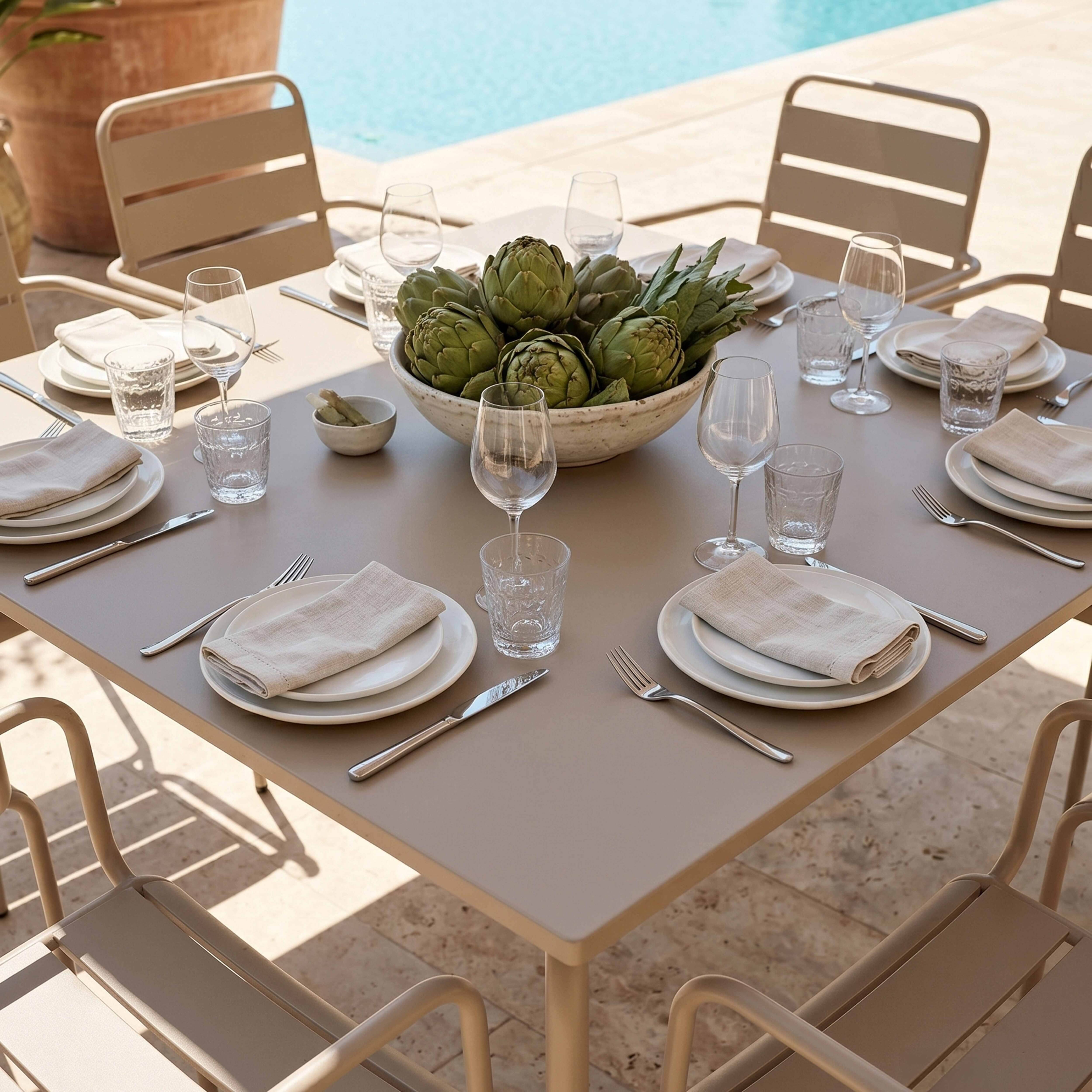 Oviala - Ensemble table de jardin carrée et 8 fauteuils en métal taupe Palavas - Oviala - Imagen 3