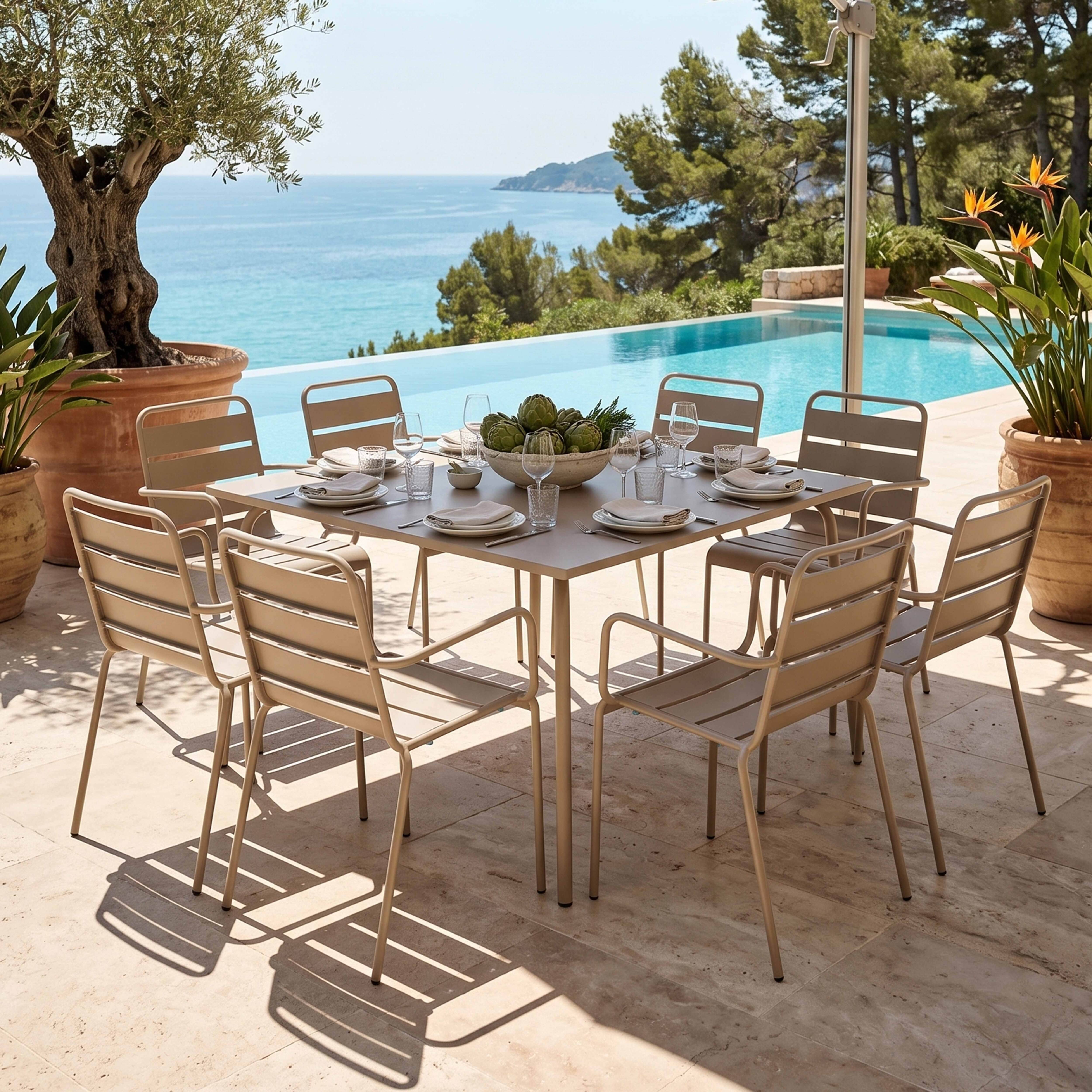 Oviala - Ensemble table de jardin carrée et 8 fauteuils en métal taupe Palavas - Oviala - Imagen 2