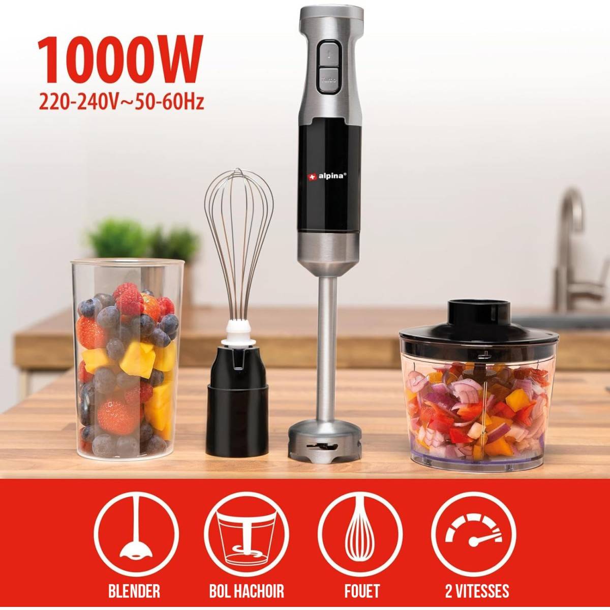 Alpina - Mixeur plongeant Inox avec hachoir 1000W 2 Vitesses + Turbo Fouet ALPINA - Imagen 3