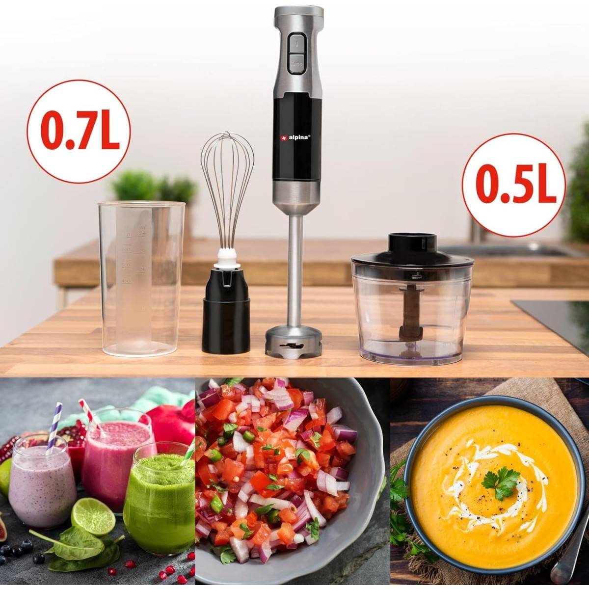 Alpina - Mixeur plongeant Inox avec hachoir 1000W 2 Vitesses + Turbo Fouet ALPINA - Imagen 2