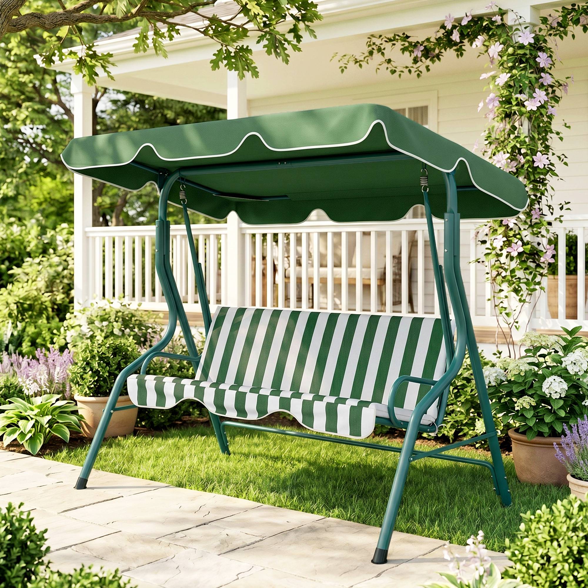 Balancelle de jardin 3 places acier extérieur coussins épais toit ajustable vert - ComfortXL Outdoor Living - Image 4