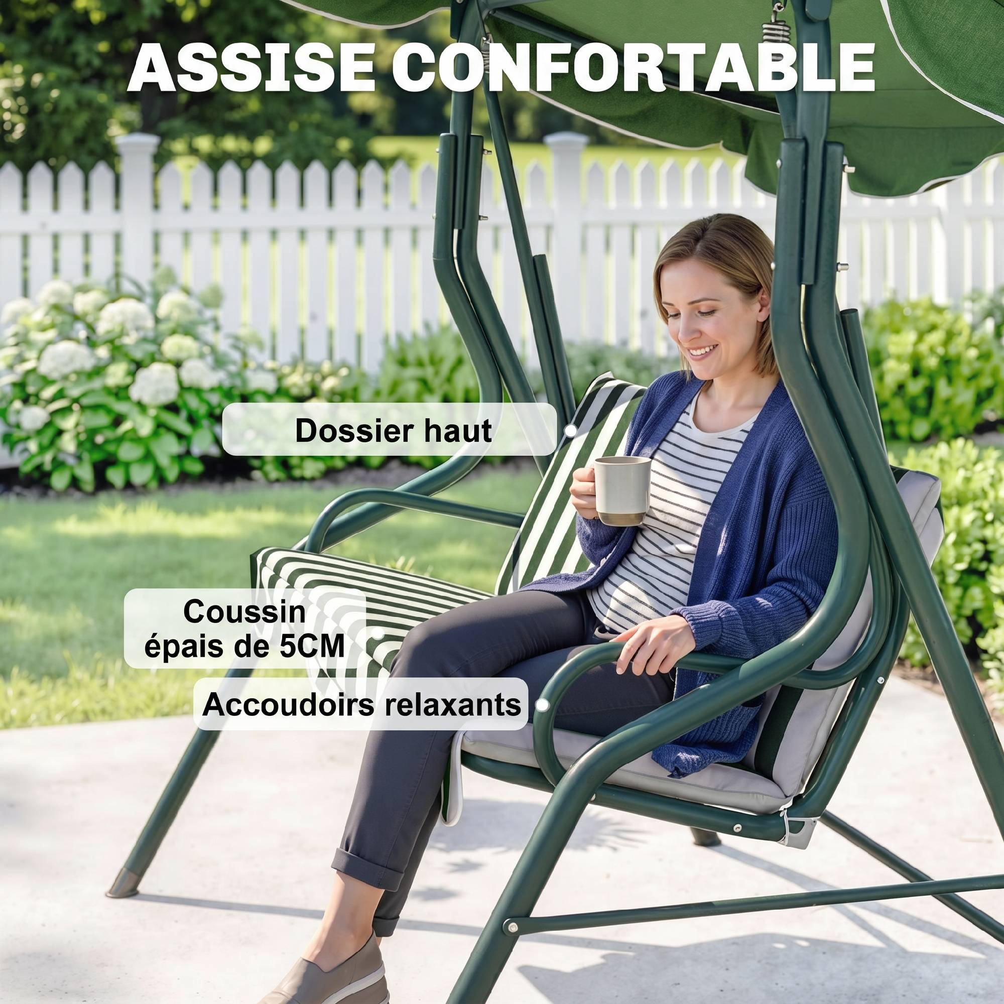Balancelle de jardin 3 places acier extérieur coussins épais toit ajustable vert - ComfortXL Outdoor Living - Image 9