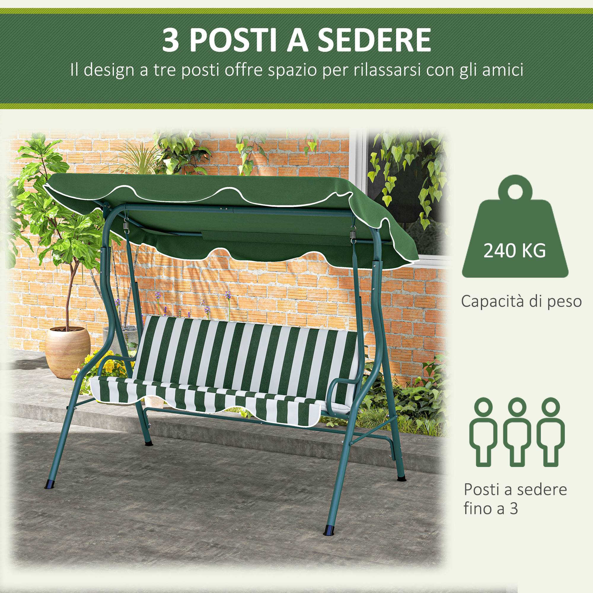 Balancelle de jardin 3 places acier extérieur coussins épais toit ajustable vert - ComfortXL Outdoor Living - Image 8